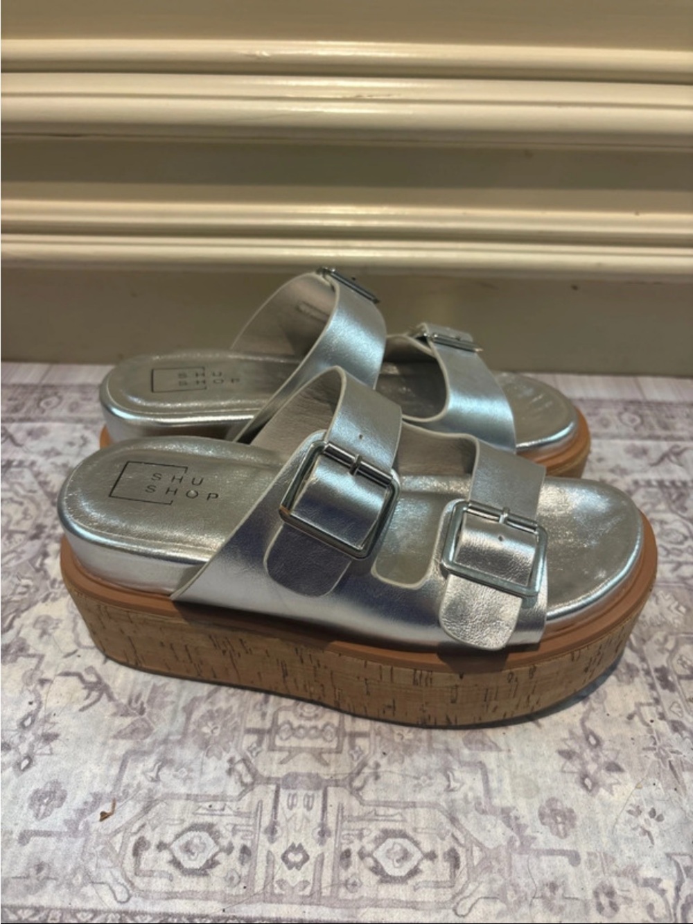 ShuShop Metallic Silver Double Buckle Platform Mules